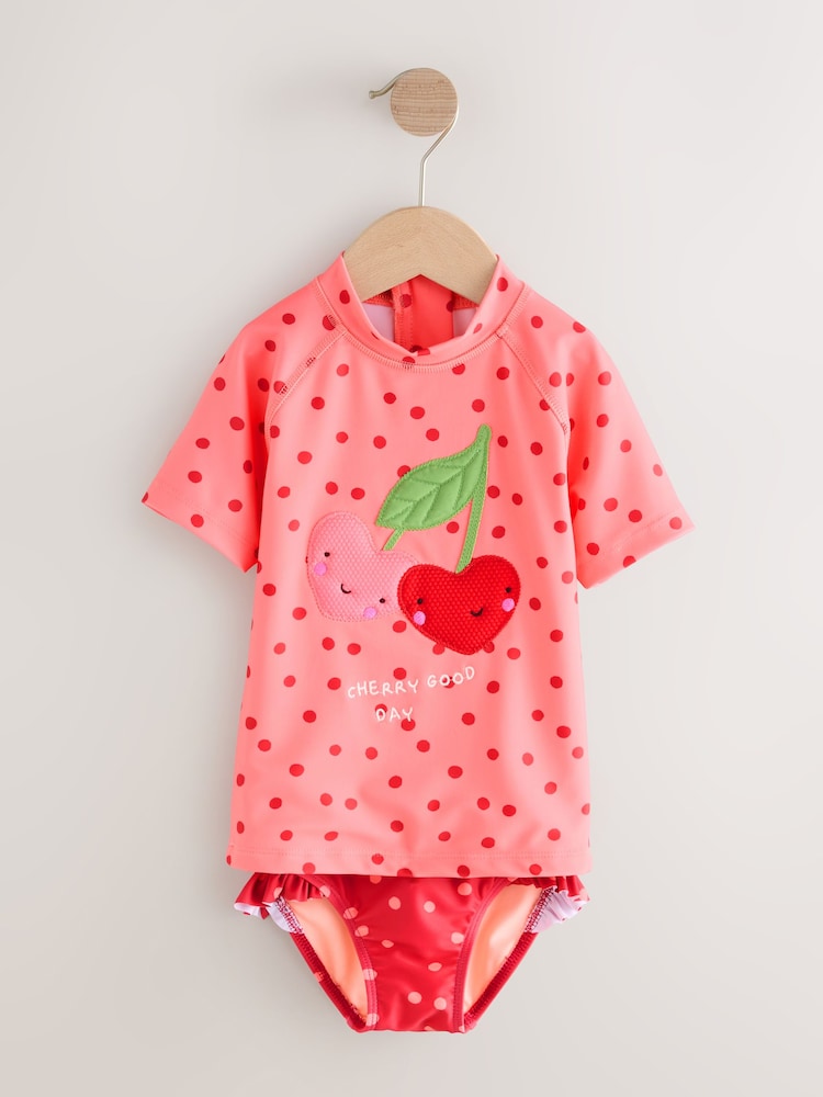 Pink/ Red Cherry Short Sleeved Sunsafe Swim Set (3mths-10yrs) - Size 3-6 Months (62-68cm)