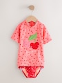 Pink/ Red Cherry Short Sleeved Sunsafe Swim Set (3mths-10yrs) - Size 3-6 Months (62-68cm)