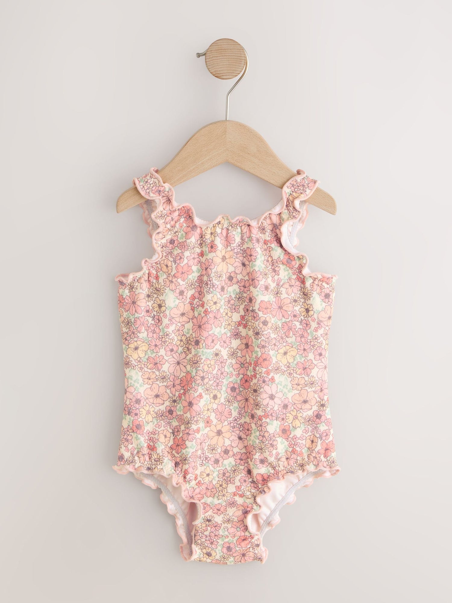 Coral Pink Ditsy Floral Lettuce Edge Swimsuit (3mths-7yrs) - Size 3-6 Months (62-68cm)