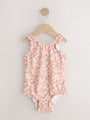 Coral Pink Ditsy Floral Lettuce Edge Swimsuit (3mths-7yrs) - Size 3-6 Months (62-68cm)