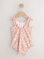 Coral Pink Ditsy Floral Lettuce Edge Swimsuit (3mths-7yrs) - Size 3-6 Months (62-68cm)