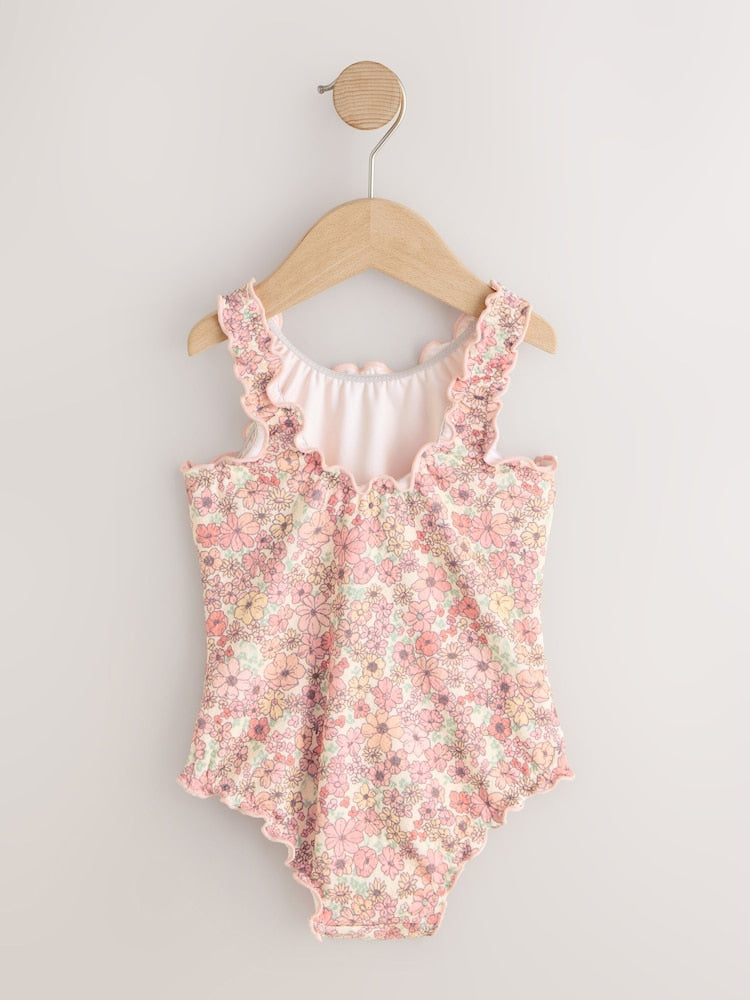 Image 41: Coral Pink Ditsy Floral Lettuce Edge Swimsuit (3mths-7yrs) - Image 6 of 8