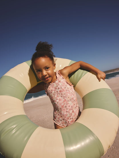 Coral Pink Ditsy Floral Lettuce Edge Swimsuit (3mths-7yrs) - Size 3-6 Months (62-68cm)