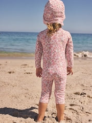 Coral Pink Ditsy Floral Print Swim Legionnaire Hat (3mths-10yrs) - Size 3-9 Months (62-74cm)