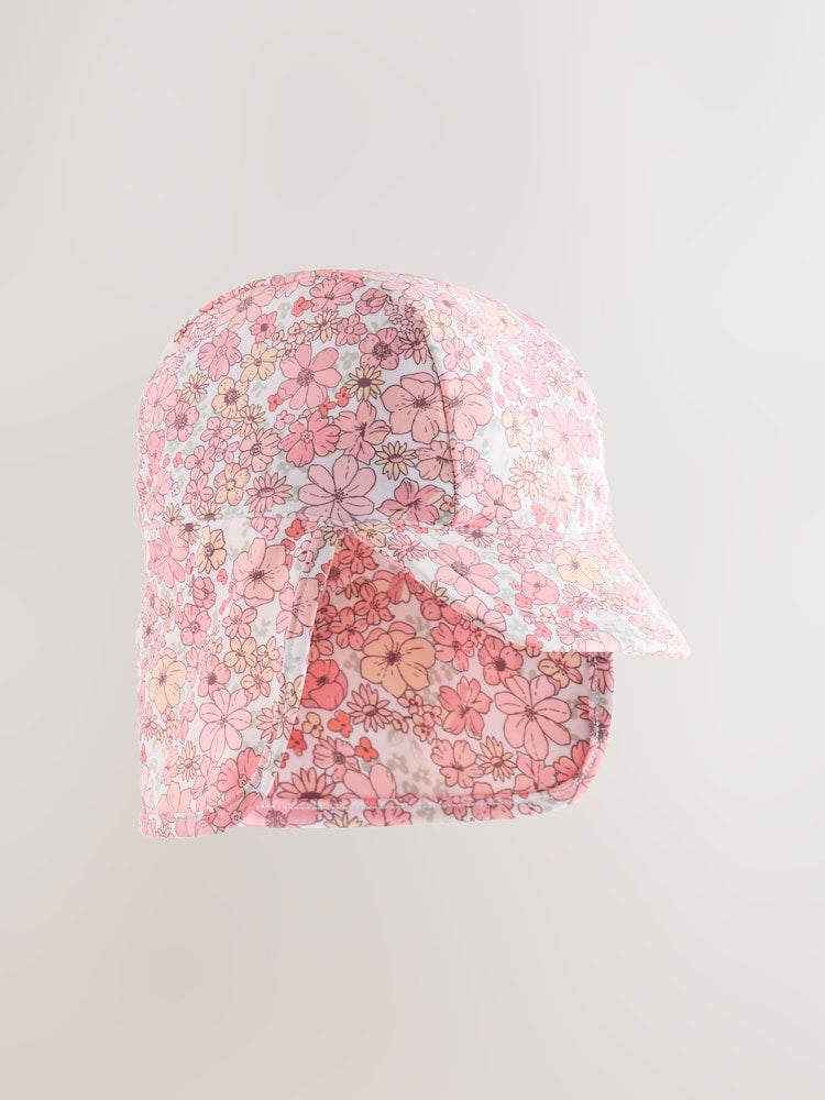 Coral Pink Ditsy Floral Print Swim Legionnaire Hat (3mths-10yrs) - Size 3-9 Months (62-74cm)