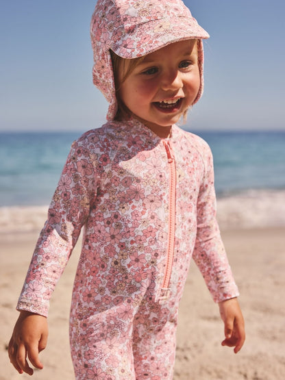 Coral Pink Ditsy Floral Print Swim Legionnaire Hat (3mths-10yrs) - Size 3-9 Months (62-74cm) - Coral Pink Ditsy Floral Print