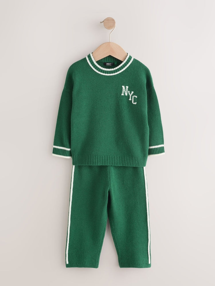 Dark Green NYC Knitted Crew Neck Jumper and Joggers Set (3mths-7yrs)