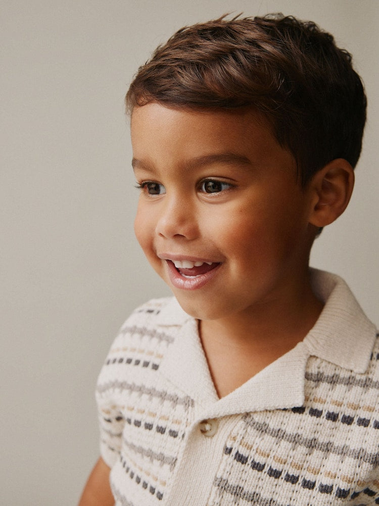 Neutral Textured Revere Collar Knitted Polo Shirt and Shorts Set (3mths-10yrs)