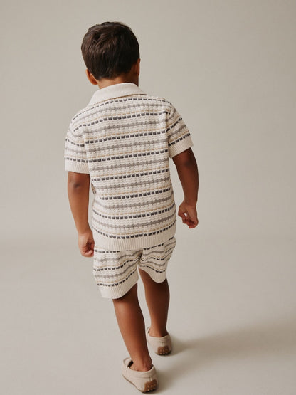 Neutral Textured Revere Collar Knitted Polo Shirt and Shorts Set (3mths-10yrs)