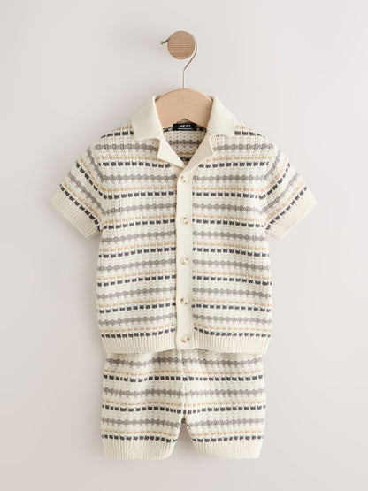 Neutral Textured Revere Collar Knitted Polo Shirt and Shorts Set (3mths-10yrs)