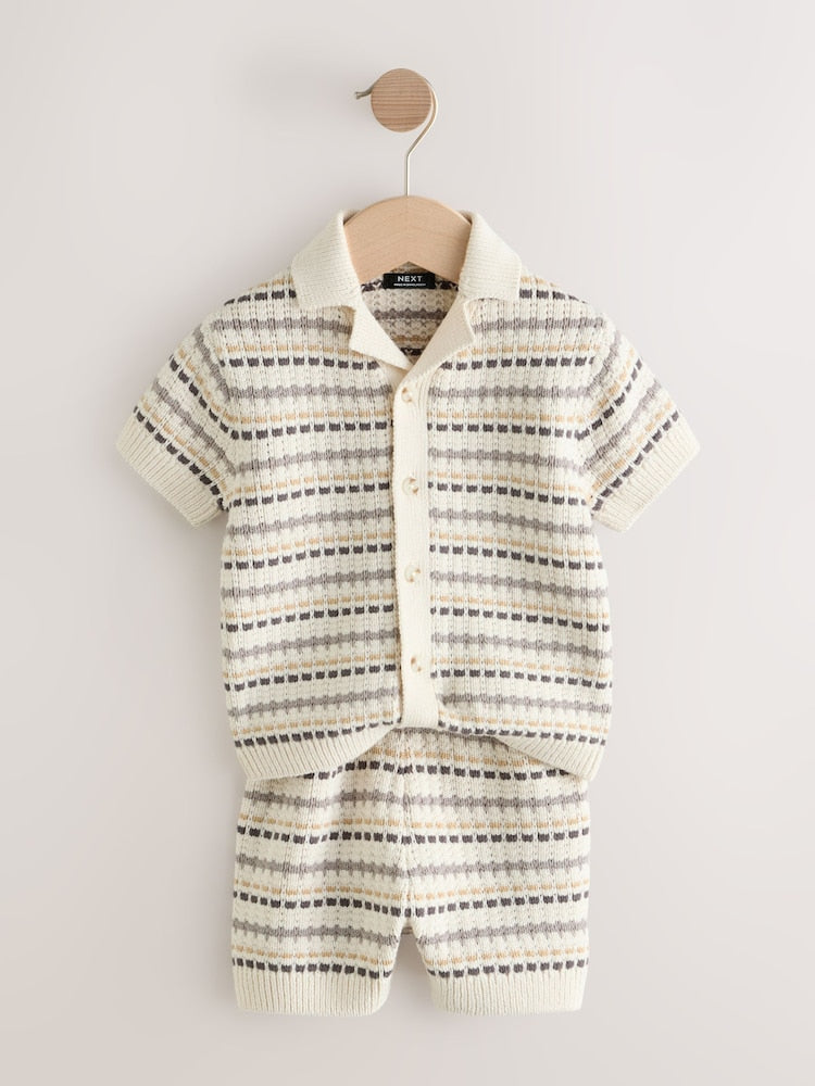 Neutral Textured Revere Collar Knitted Polo Shirt and Shorts Set (3mths-10yrs)