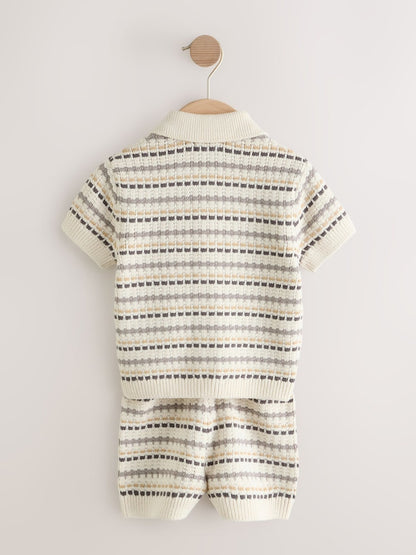 Neutral Textured Revere Collar Knitted Polo Shirt and Shorts Set (3mths-10yrs)
