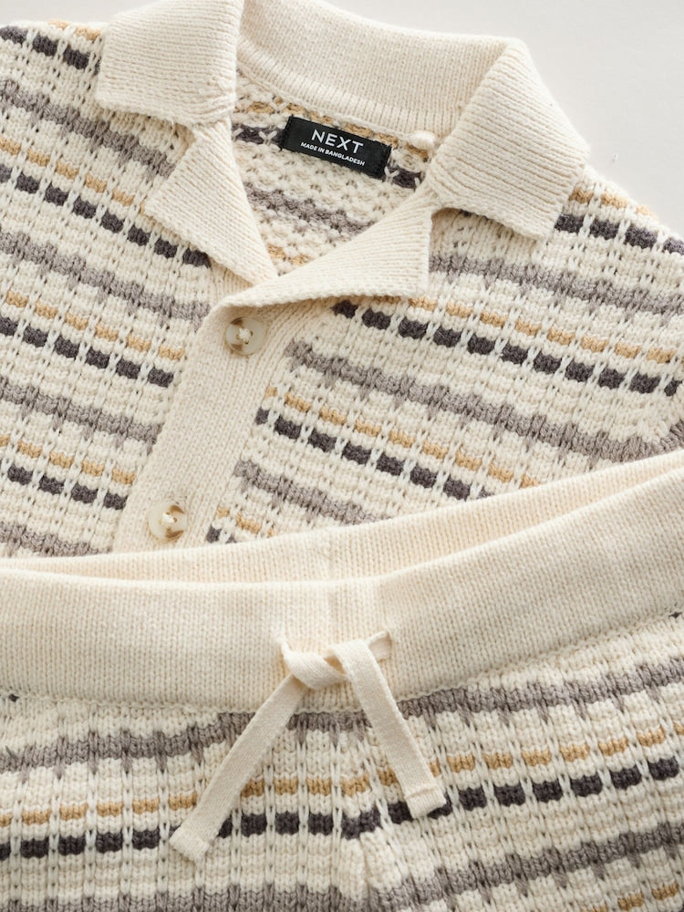 Neutral Textured Revere Collar Knitted Polo Shirt and Shorts Set (3mths-10yrs)