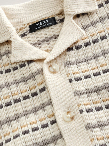 Neutral Textured Revere Collar Knitted Polo Shirt and Shorts Set (3mths-10yrs)