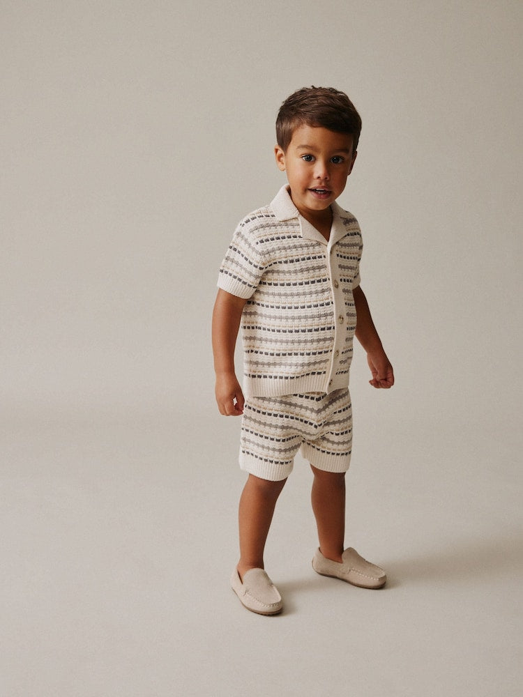 Neutral Textured Revere Collar Knitted Polo Shirt and Shorts Set (3mths-10yrs)