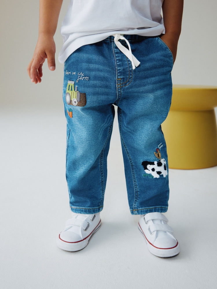 Mid Blue Farm Character Loose Fit Jeans (3mths-7yrs) - Mid Blue Farm Character / 12-18 Months (80-86cm)