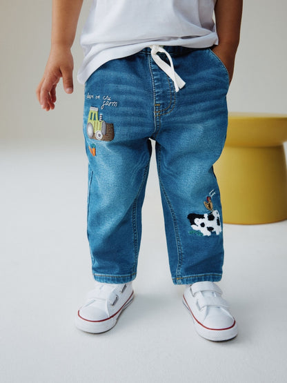 Mid Blue Farm Character Loose Fit Jeans (3mths-7yrs) - Mid Blue Farm Character / 12-18 Months (80-86cm)