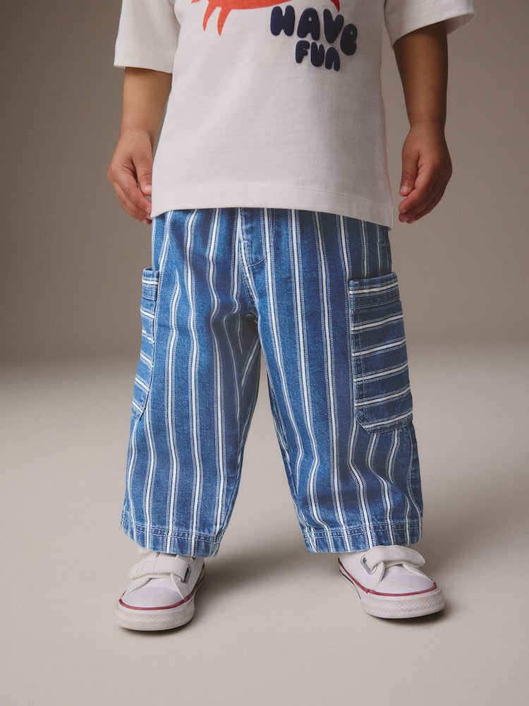 Mid Blue Stripe Wide Leg Pull On Cargo Jeans (3mths-7yrs) - Mid Blue Stripe / 12-18 Months (80-86cm)