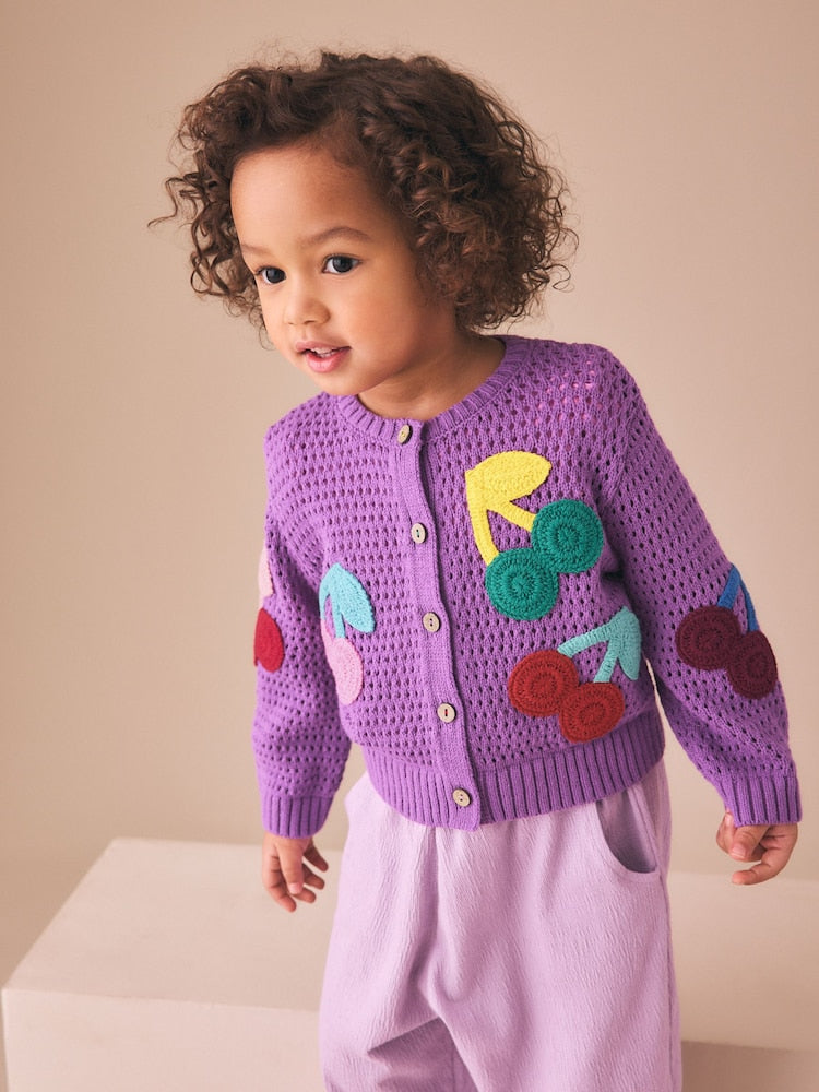 Purple Cherry Crochet Cardigan (3mths-7yrs) - Size 3-6 Months (62-68cm) - Purple Cherry Crochet