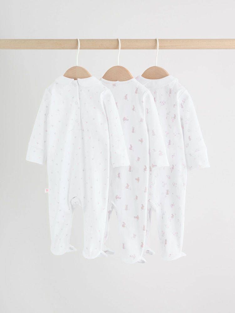White/Pink Collar Baby Sleepsuits 3 Pack (0-2yrs)