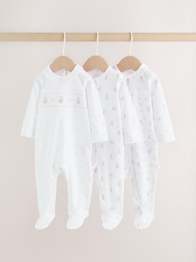 White/Pink Collar Baby Sleepsuits 3 Pack (0-2yrs)