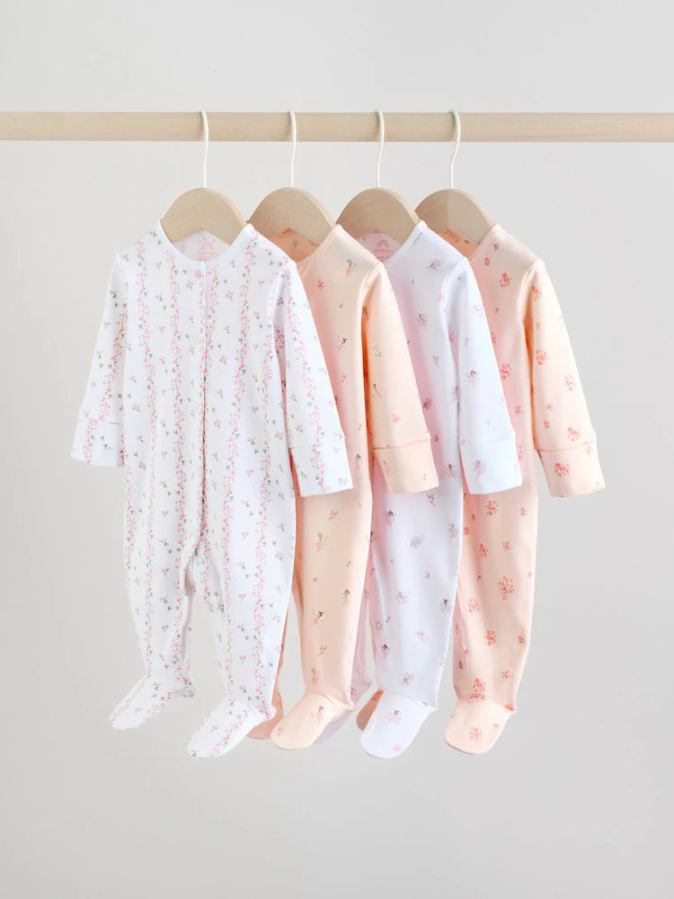 White/Pink 4 Pack Baby Sleepsuit (0-2yrs)