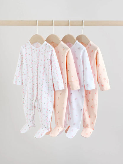 White/Pink 4 Pack Baby Sleepsuit (0-2yrs)