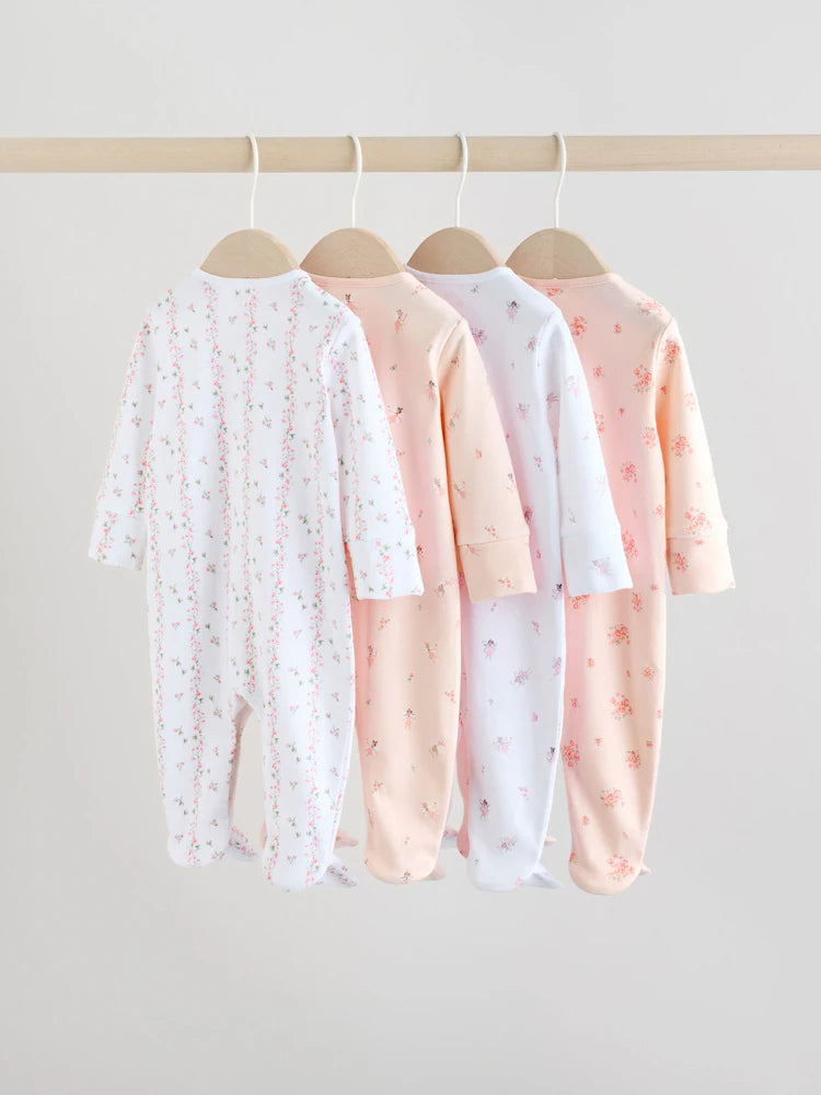 White/Pink 4 Pack Baby Sleepsuit (0-2yrs)