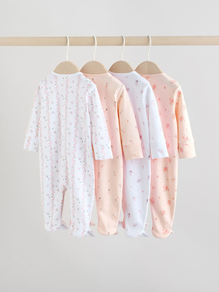 White/Pink 4 Pack Baby Sleepsuit (0-2yrs)