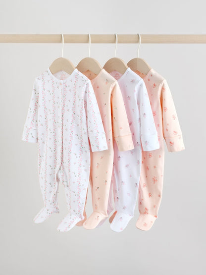 White/Pink 4 Pack Baby Sleepsuit (0-2yrs)