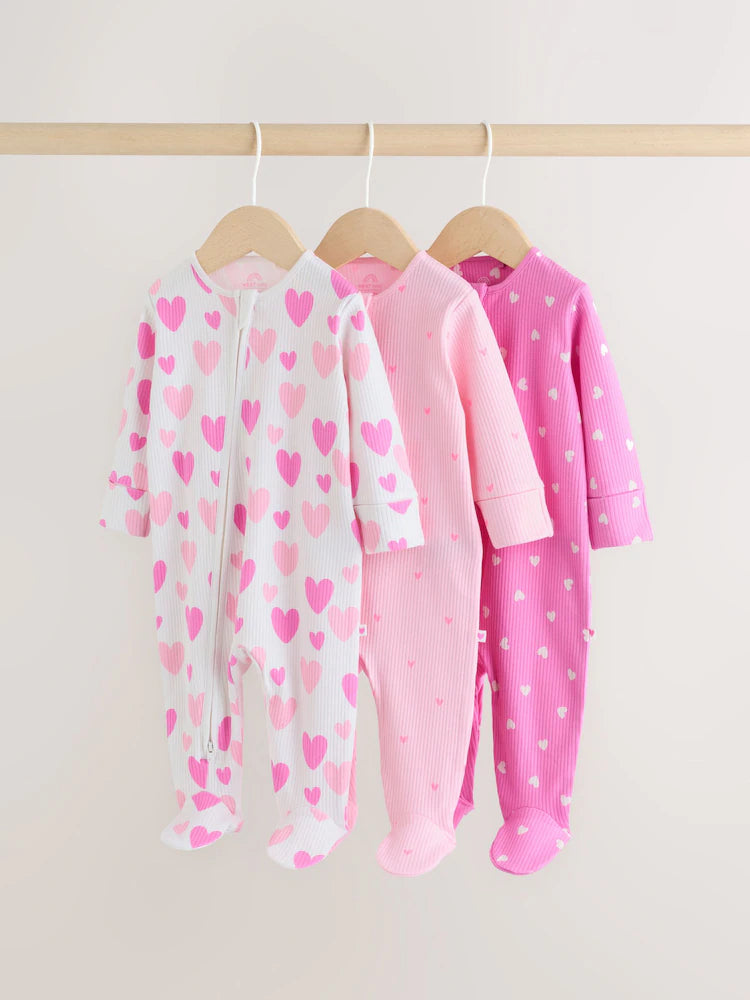 Pink 3 Pack Two Way Zip Baby Sleepsuits (0-2yrs)