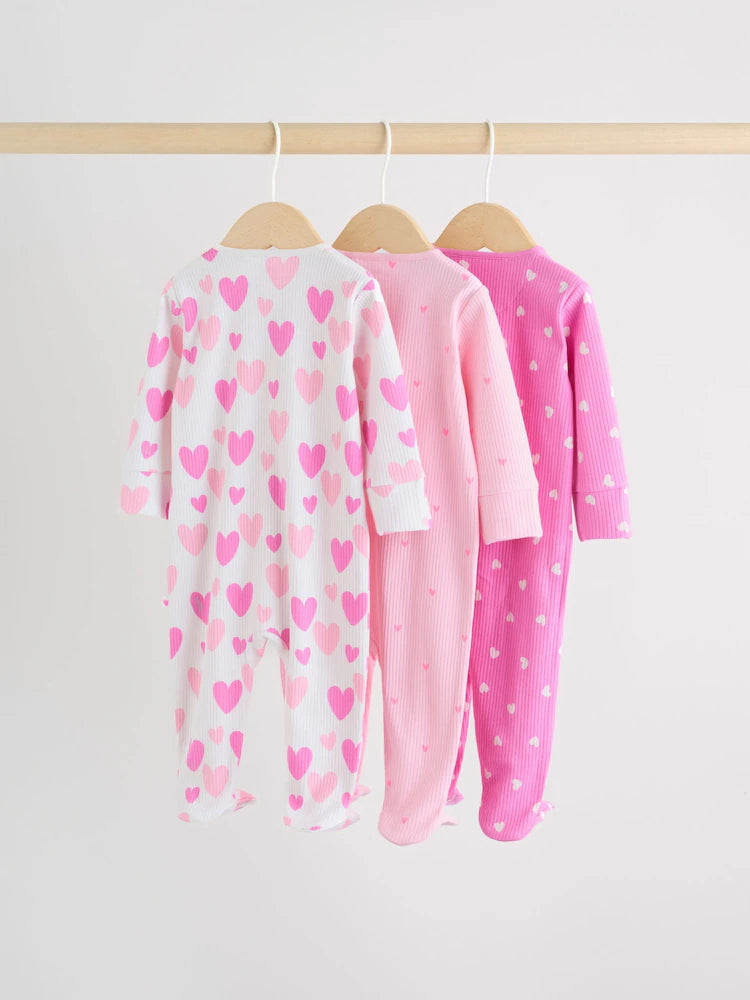 Pink 3 Pack Two Way Zip Baby Sleepsuits (0-2yrs)