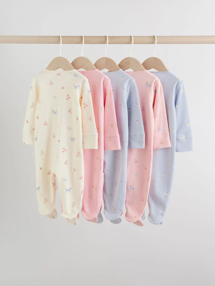 Multi Pastel Character 5 Pack Two Way Zip Baby Sleepsuits (0-2yrs)