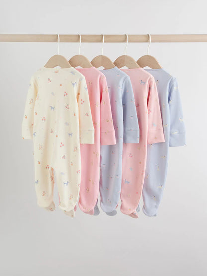 Multi Pastel Character 5 Pack Two Way Zip Baby Sleepsuits (0-2yrs)