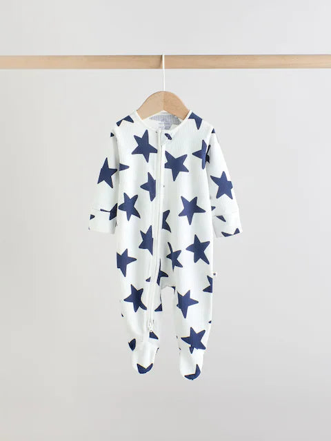 Navy Star Two Way Zip Baby Sleepsuits 3 Pack (0-2yrs)