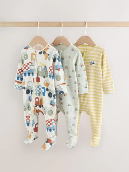 Multi Transport Two Way Zip Baby Sleepsuits 3 Pack (0mths-2yrs)