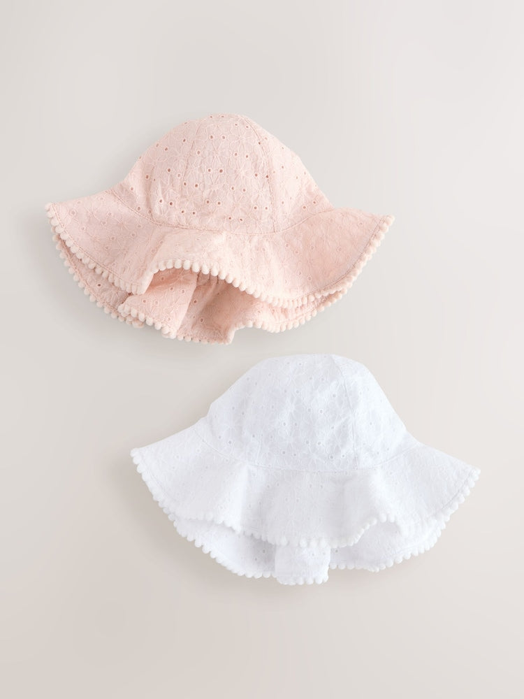 Pink and White Broderie 2pk Baby Bucket Hat - Size 50cm (First Size)