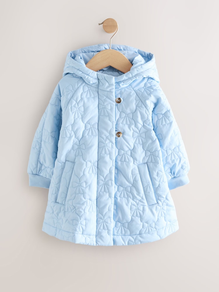 Blue Shower Resistant Bow Quilted Coat (3mths-7yrs) - Size 3-6 Months (62-68cm)