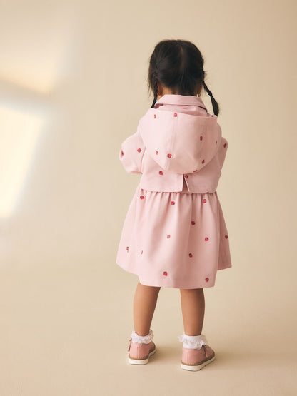 Pink Strawberry Embroidery Shower Resistant Skirted Coat (3mths-7yrs) - Size 3-6 Months (62-68cm)