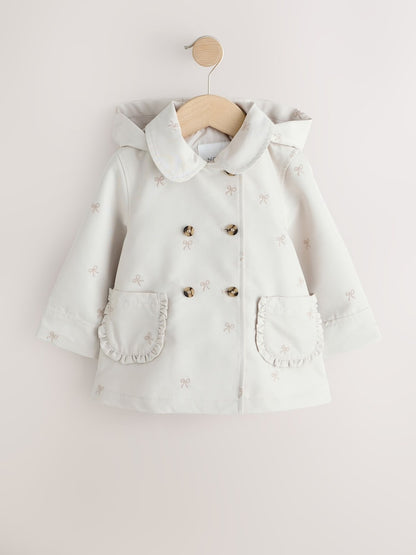 Neutral Bow Embroidered Shower Resistant Coat (3mths-7yrs) - Size 3-6 Months (62-68cm)