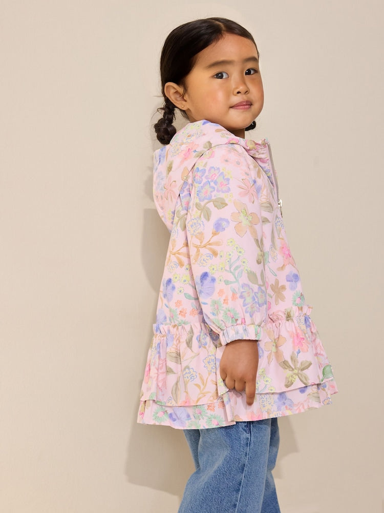 Pink Floral Printed Shower Resistant Frill Hem Raincoat (3mths-7yrs) - Size 3-6 Months (62-68cm)