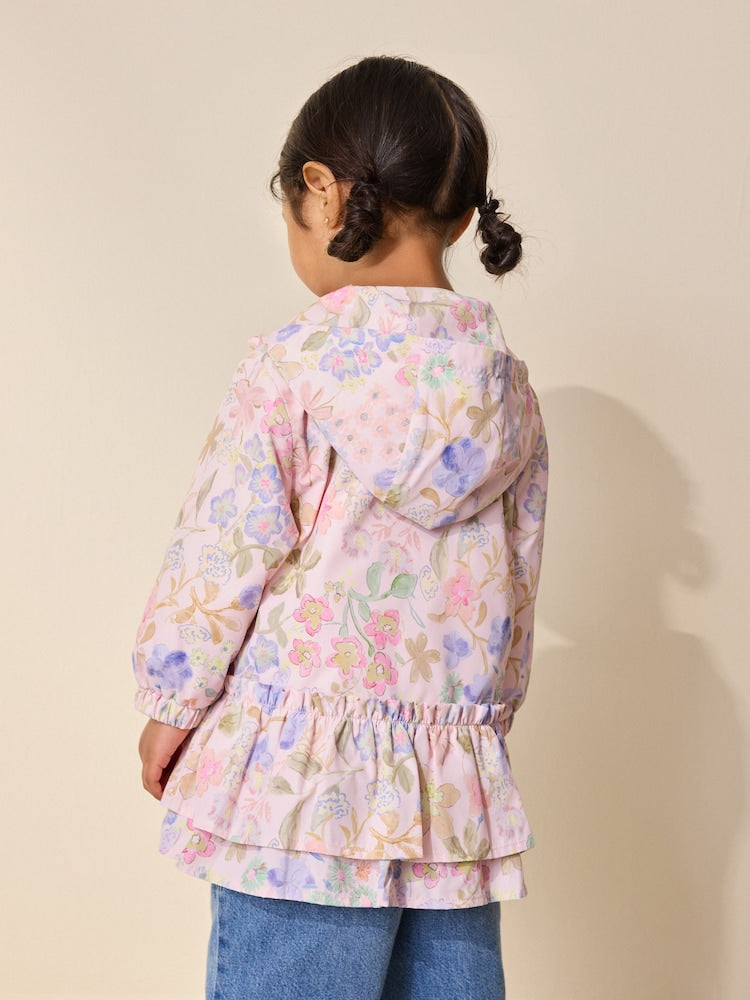 Pink Floral Printed Shower Resistant Frill Hem Raincoat (3mths-7yrs) - Size 3-6 Months (62-68cm)