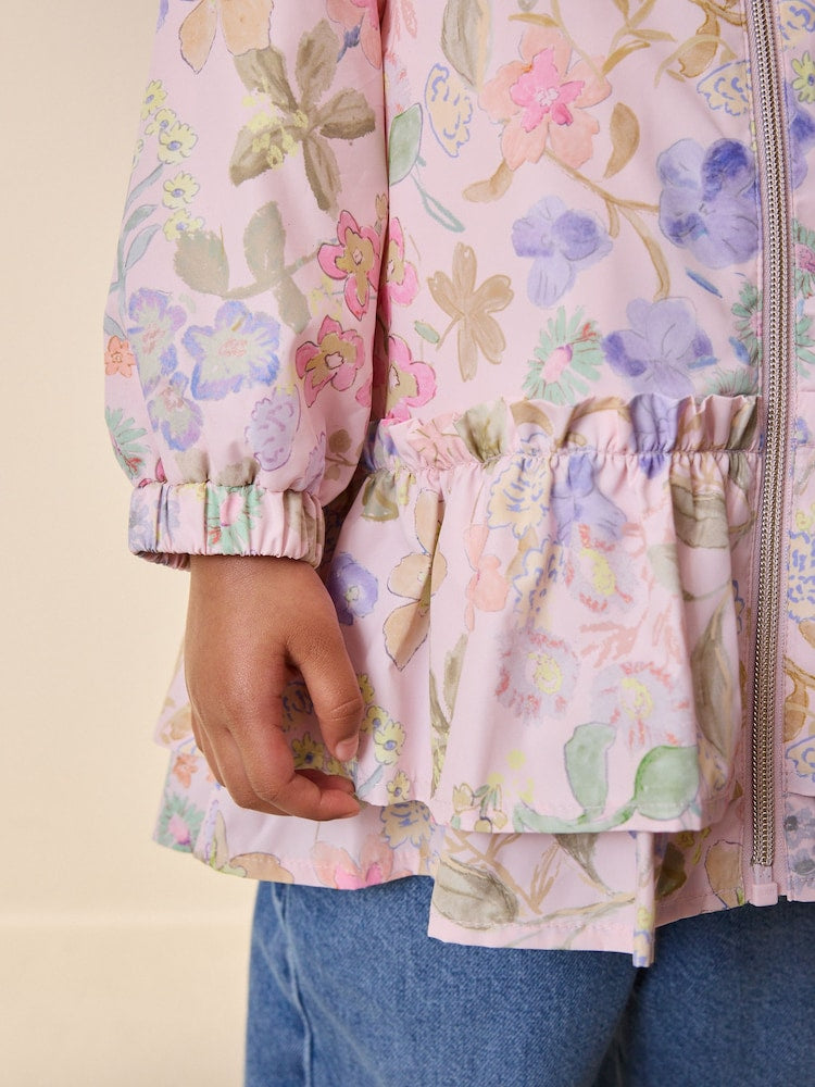 Pink Floral Printed Shower Resistant Frill Hem Raincoat (3mths-7yrs) - Size 3-6 Months (62-68cm)