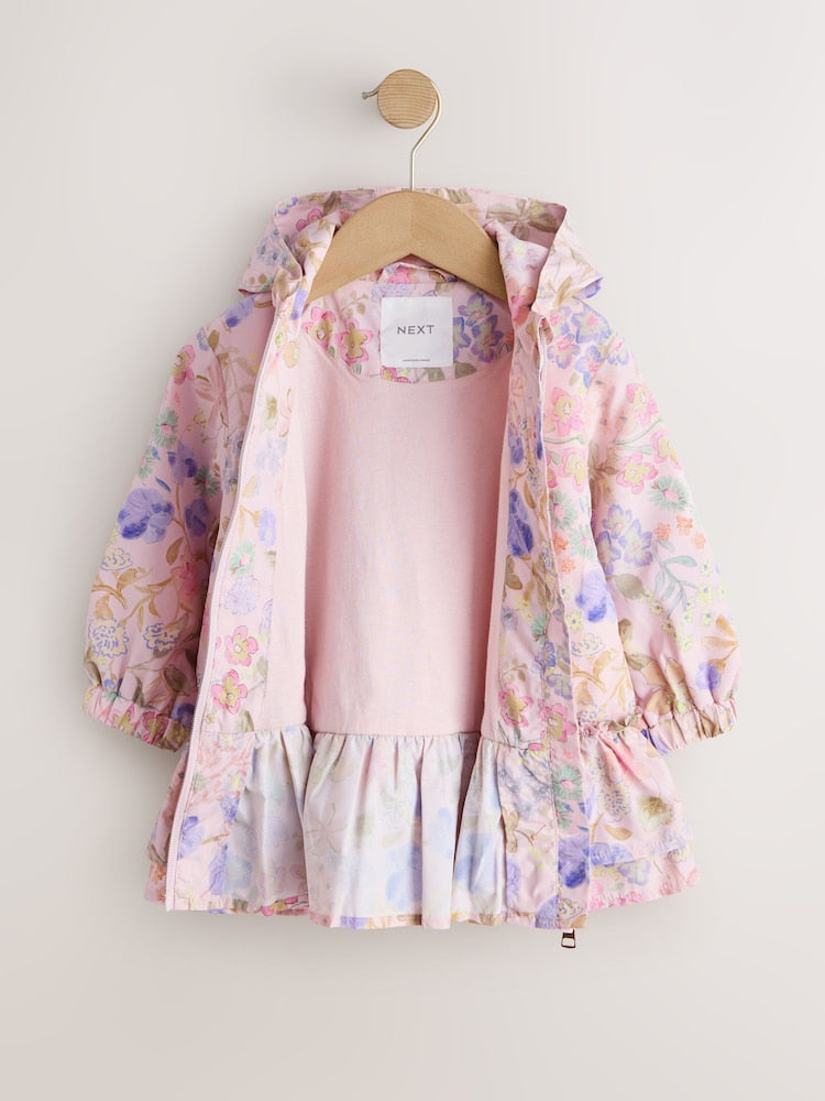 Pink Floral Printed Shower Resistant Frill Hem Raincoat (3mths-7yrs) - Size 3-6 Months (62-68cm)
