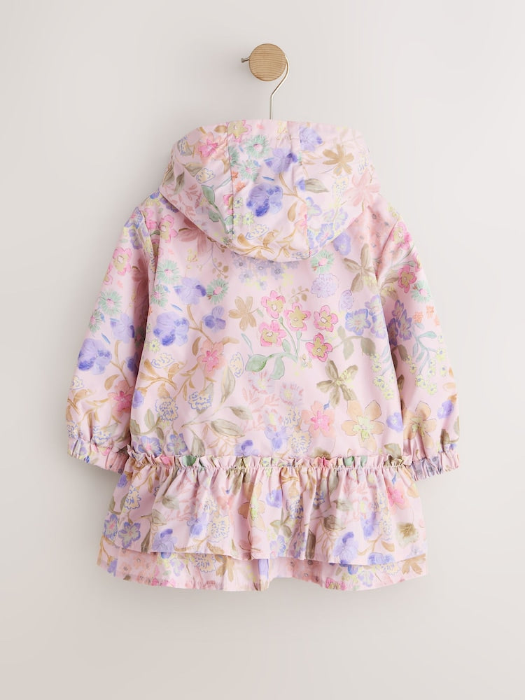 Pink Floral Printed Shower Resistant Frill Hem Raincoat (3mths-7yrs) - Size 3-6 Months (62-68cm)