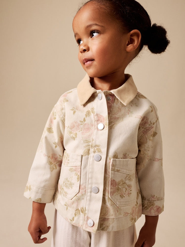 Ecru Floral Cord Collar Denim Jacket (3mths-7yrs) - Ecru Floral Cord Collar / 12-18 Months (80-86cm)