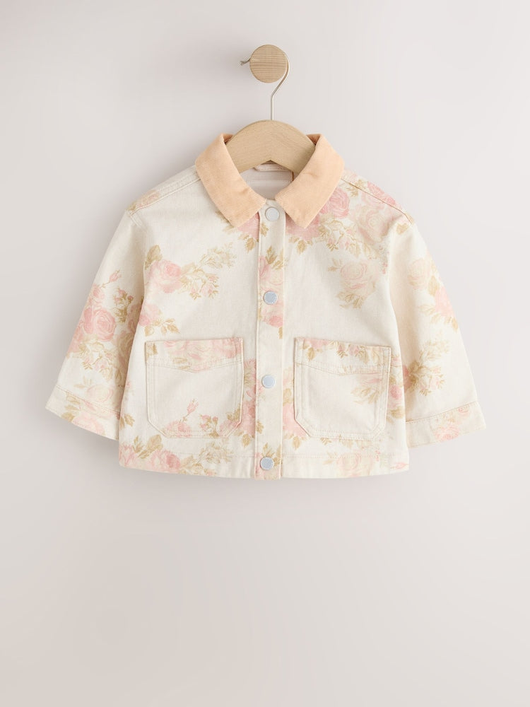 Ecru Floral Cord Collar Denim Jacket (3mths-7yrs)