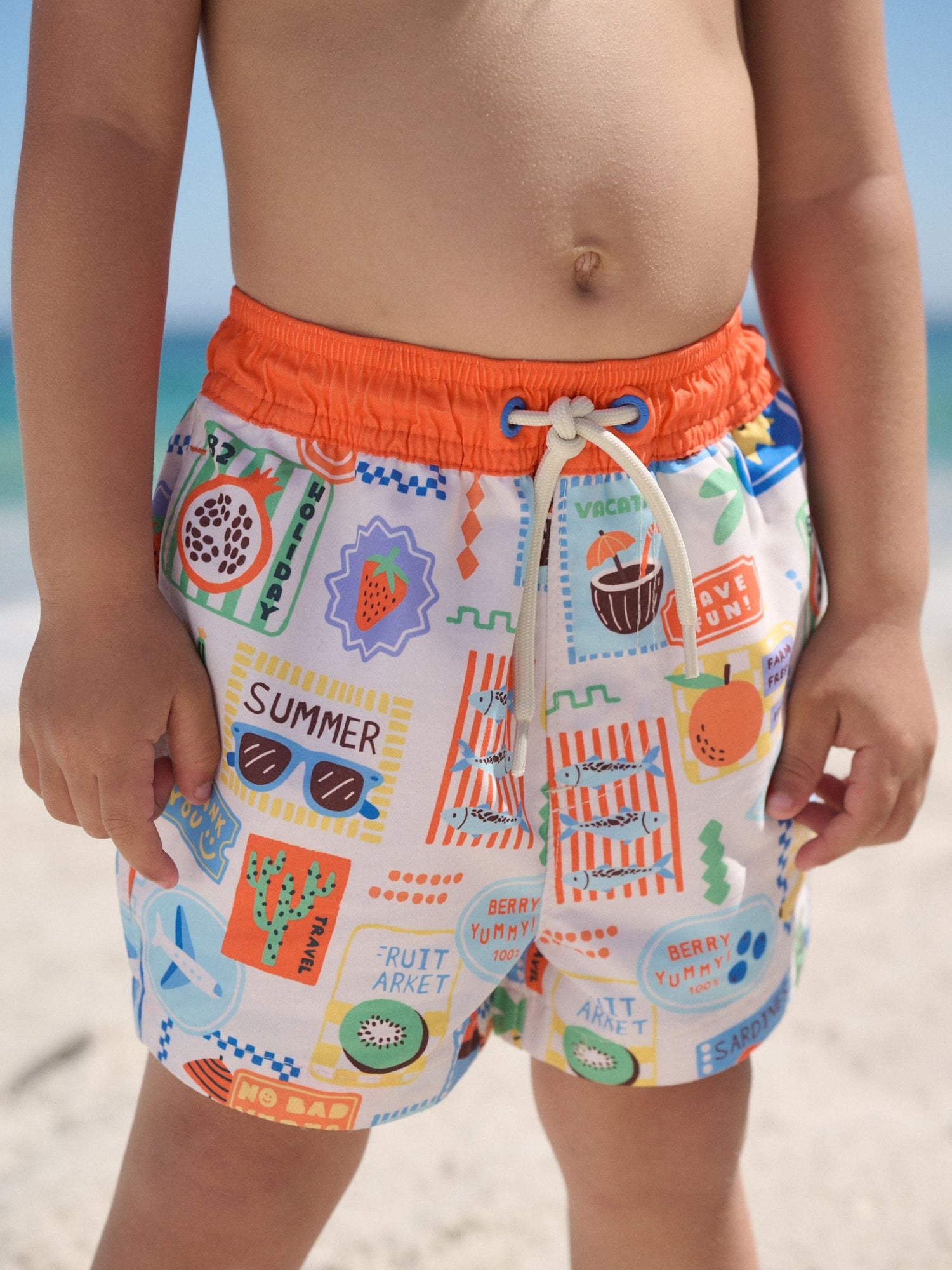 White Postcard Printed Swim Shorts (3mths-7yrs) - Size 3-6 Months (62-68cm)