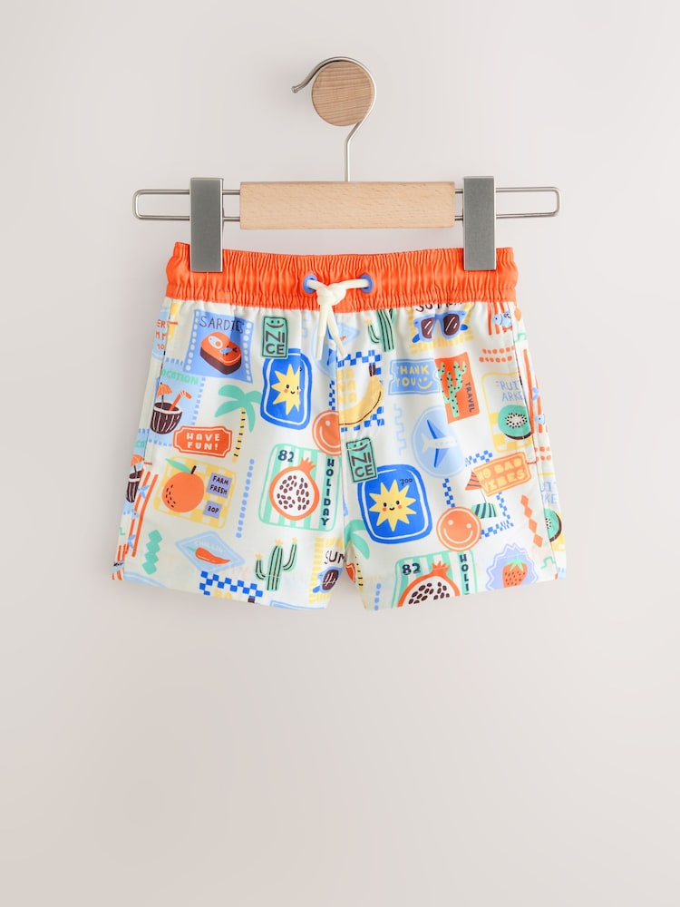 White Postcard Printed Swim Shorts (3mths-7yrs)