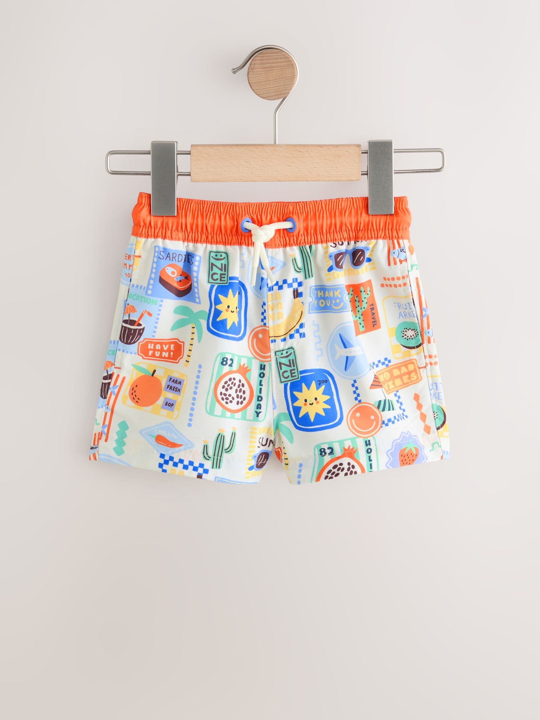 White Postcard Printed Swim Shorts (3mths-7yrs) - Size 3-6 Months (62-68cm)